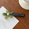 Green acetate flower hair clip with white pearl center and France Handmade engraving - Duckbill Hair Clips / Green