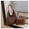 Large dark brown faux suede tote bag set with matching zipper pouch on white windowsill - Single Bag / Brown