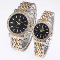 Montres de couple à quartz avec cadran noir et bracelet en acier bicolore or-argent - Femmes Bicolore Noir