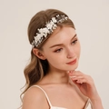 Elegant white floral bridal headband featuring handmade pearls and crystal beadwork - 2# Headband (Gold/White)