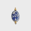 Oval ceramic bead with blue tulip pattern and gold metal accents for DIY jewelry - Enamel Flower
