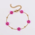 Golden chain bracelet featuring five pink beaded flowers and solid gold-tone beads - Rose Red-Bracelet