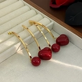 Gold finish drop earrings with dark red heart and bead charms in a velvet box - E6710-925 Sterling Silver Earring Post / Red