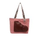 Pink canvas tote bag with brown leather pocket and a circular charm coin purse - Pink