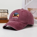 Burgundy washed denim baseball cap featuring a black cat and 'EW, PEOPLE' patch - Adjustable / Burgundy