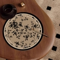 Khaki French vintage leather round placetmat with black floral pattern and text - French Medieval Style-Type N [Round]