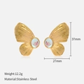 Golden butterfly wing stainless steel earrings with iridescent center stone inlay - Golden Butterfly Rhinestone Earrings / Gold