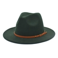 Close-up of dark green wool felt fedora hat featuring a brown leather belt with buckle - M (56-58cm) / Dark Green