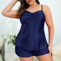 Women's two-piece navy blue satin pajama set with camisole top and matching shorts - Navy Blue