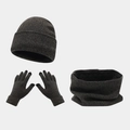 Close-up of dark grey knitted winter set showing thick scarf texture and touchscreen gloves - Dark Gray
