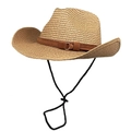 Classic khaki straw cowboy hat with brown suede band and metal buckle for beach sun protection - M (56-58cm) / Khaki