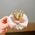 Princess hair clip with golden crown, champagne satin bow, and lace details - Apricot