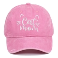 Detailed view of pink washed cotton fabric and white Cat Mom embroidery on baseball cap - Pink