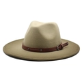 Classic khaki fedora hat with wide brim and brown leather strap with metal buckle - M (56-58cm) / Army Green (Khaki Bicolor)