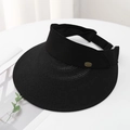 Women's black straw open top sun hat with wide brim and elegant metallic detail - Black