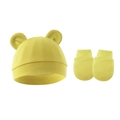Detail of yellow ribbed knit baby hat with 3D ears and matching anti-scratch mittens - Hat And Gloves / Olive Green
