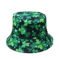 Detailed view of St. Patrick's Day bucket hat with green shamrock print on black fabric - M(56-58cm) / Black with Green White Shamrock (E)