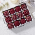 Set di 12 palline di Natale in velluto rosso scuro con diverse texture e ganci d'oro - Borgogna