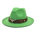 Detail of green wool fedora hat featuring a longhorn bull skull metal emblem on a leather band - M (56-58cm) / Grass Green