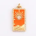 Pendentif rectangle soleil bohème en or avec émail orange et zircons blancs brillants - Orange Tarot