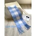 Classic blue and white oversized plaid scarf with soft fringe in light blue finish - AC Light Blue Plaid