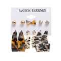 6-pair vintage earring set with leopard resin hoops, faux pearls, and gold geometric studs - Leopard Resin Geometric Set (54197)