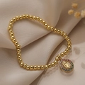 Bracciale a sfere dorate con pendente Maria in zirconi colorati su seta beige - Vergine Maria-Zirconia Colorata