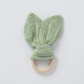 Baby teething ring with grass green cotton gauze rabbit ears and natural wood handle - Mint Green