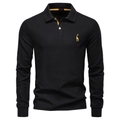 Polo da uomo nera a maniche lunghe in cotone con bordo giallo e ricamo a giraffa - S / Nero
