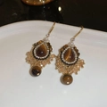 Detailed macro view of vintage gold earrings with tiger eye stone and bead tassels - 37# Ear Hook-Gold-Brown-Champagne