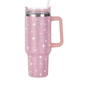 Pink rhinestone 40oz insulated tumbler with handle and straw in sparkling cow pattern - Pink