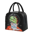 Insulated lunch bag in black featuring a cartoon astronaut dinosaur print for school - Black Space Dinosaur 28
