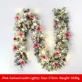270cm pink flocked Christmas garland with poinsettia flowers and warm LED lights - 240 Tips Pink Garland With LED Lights