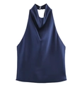 Détail du haut dos nu en satin bleu marine avec deux boutons blancs sur le col arrière - Bleu clair