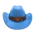 Sky blue faux suede cowboy hat featuring a brown leather band and rhinestone heart buckle - One Size / Blue (Big Heart)