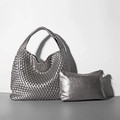 Silver metallic woven hobo bag and matching pouch set with intricate texture - Silver