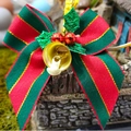 Christmas bow with red and green stripes, golden bell and festive berry decorations - Style 46-Red Green Splice Satin Gold Bell Berry