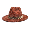 Fashionable leopard print wool fedora with wide brim, pearls, and gold bead accents - M(56-58cm) / Burgundy
