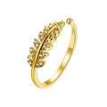 Golden feather open ring featuring elegant leaf design and micro-pave zircon crystals - Gold Leaf Design