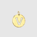 Polished 18K gold plated circular 316L steel pendant with hollow letter V and hammered texture - 14K Gold - V