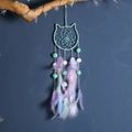 Cat-shaped dreamcatcher with mint green and purple gradient feathers for wall decor - Green Cat