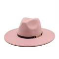 Detail of pink wool fedora hat featuring a black band and gold chain decoration - M (56-58cm) / Dusky Pink