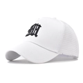 Detail of white trucker hat with black gothic AH 3D embroidery and breathable mesh back - White With Black Letters
