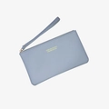 Blue retro long faux leather wallet with wristlet strap and golden zipper closure - Blue