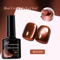 Detail of red cat eye nail polish showing ruby glitter effect and uv gel texture - Crimson Cat Eye MY09