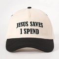 Casquette rétro bicolore beige et noir avec broderie Jesus Saves I Spend de style - Réglable / Beige et Noir