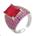 Silver square ring with oversized deep red gemstone and pink pave-set zircon stones - Adjustable Open / Silver-Red Zirconia