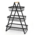 Modern 3-tier black metal fruit basket with wooden handle and industrial A-frame stand - Three Layers Black