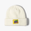 Cream white ribbed knit beanie for winter with a yellow woven patch featuring 091 text - Cream