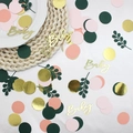 Nahaufnahme von Babyparty-Konfetti mit Goldbuchstaben, grünen Blättern und rosa Kreisen - Blätter + Gold Baby + Gold/Grün/Karminrot/Rosa Kreise (100pcs)